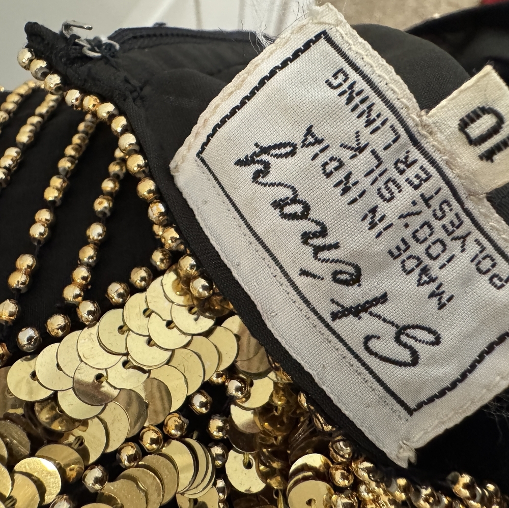 Stenay 100% Pure Silk Art Deco Style Beaded & Sequins Black/ Gold Vtg Dress - Picture 3 of 6